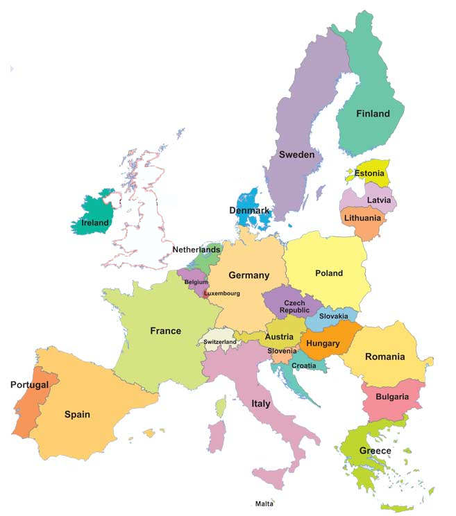 Map of the European Union when moving from Canada